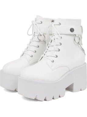 Women’s White Combat Boots Lace up Side Zipper Ankle Botas High Heel Chunky
